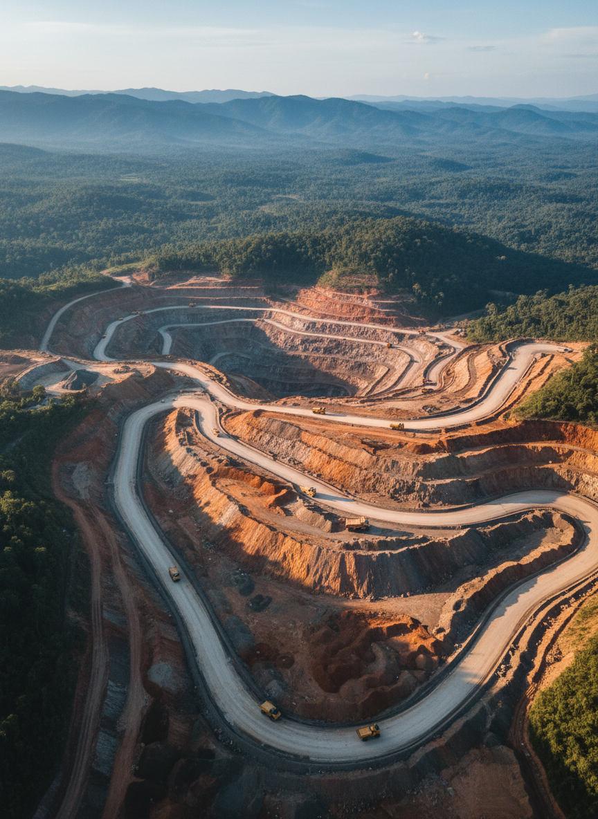 A wide aerial photographic view of a sprawling open-pit mine in the Asia-Pacific region, with terraced benches carved into rusty-red and ochre earth, intersected by pale haul roads. Massive yellow haul trucks and excavators appear as small geometric forms, emphasizing scale. The pit is surrounded by dense, muted-green vegetation and distant blue-grey mountains under a high, hazy sky. Late afternoon sunlight casts long, precise shadows that accentuate the mine’s contours and layered geology. The mood is analytical and professional, focusing on operational clarity rather than drama. Captured with sharp focus throughout, centered composition with subtle rule-of-thirds alignment, in clean, hyper-realistic photographic style suitable for a strategic advisory consultancy homepage hero image.