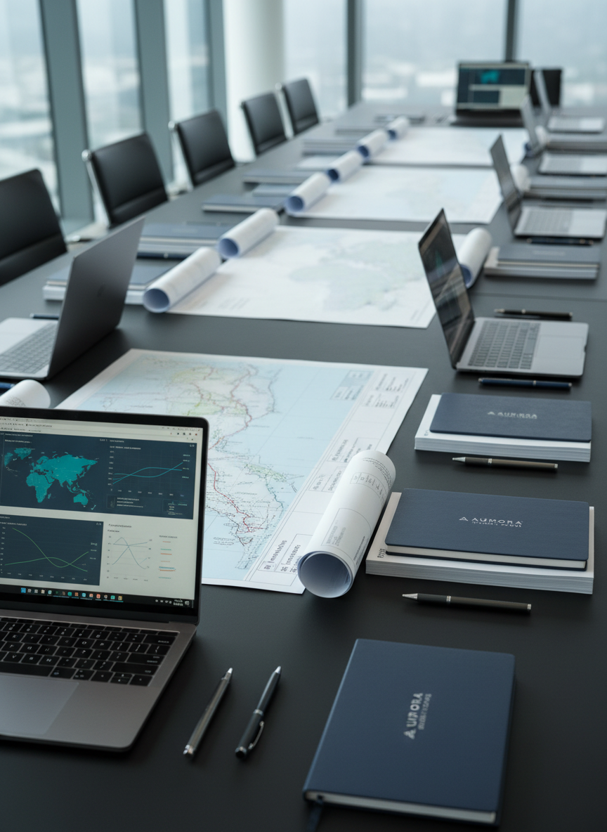A close-up photographic view of a large, matte-black conference table displaying a neatly organized mining strategy workshop in progress, but without any people. Open laptops show abstracted charts and mine plans, printed maps of an Asia-Pacific region mining corridor are spread out with tidy stacks of technical reports, and metallic pens rest beside slim, navy-blue notebooks embossed with a discreet corporate logo. Cool daylight from a nearby glass wall creates soft reflections on the table’s surface and gentle shadows behind each object. The atmosphere is calm, focused, and disciplined, emphasizing professionalism and rigorous analysis. Shot at eye level with a shallow depth of field that keeps the central documents in crisp focus while softly blurring the far end of the table, in clean, modern photographic realism.