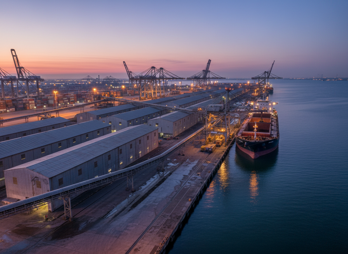 A panoramic photographic view of an Asia-Pacific industrial port at dusk, dedicated to mineral exports. Long, orderly rows of covered bulk storage sheds, conveyor belts, and loading infrastructure extend towards calm, steel-blue water. A docked bulk carrier with illuminated deck equipment sits alongside a robust loading arm, while distant container cranes rise as silhouettes against a fading indigo sky. Subtle artificial lighting from sodium and LED fixtures casts warm pools of light and soft reflections across wet concrete, creating a contrast between warm highlights and cool ambient tones. The composition employs a slightly elevated angle and deep focus, conveying logistical sophistication and regional connectivity. The mood is steady, methodical, and professional, aligning with the strategic advisory nature of the consultancy.