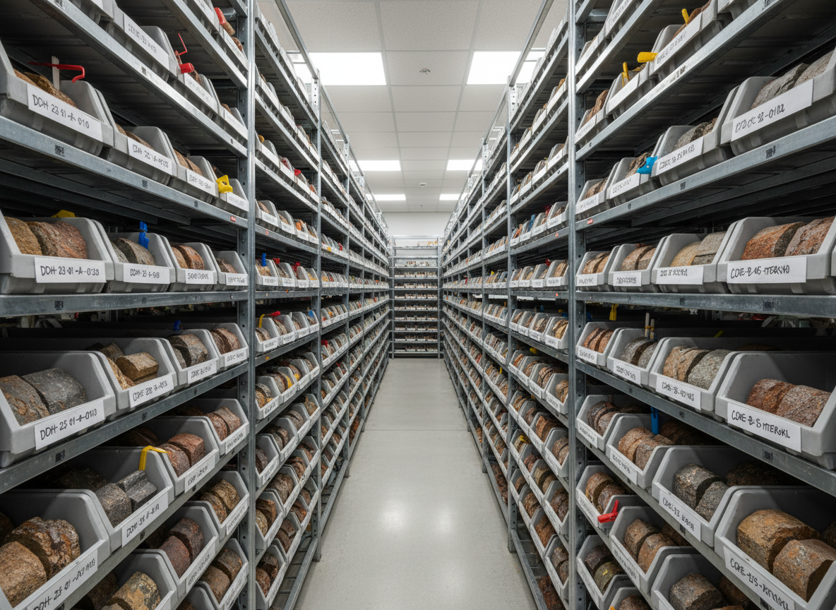 A detailed photographic close-up of a geologist’s core sample storage area, organized for technical due diligence. Long metal racks hold carefully labeled core trays with cylindrical rock segments in varied tones of grey, rust, and cream, showing distinct veins and textures. Each tray has crisp white tags with alphanumeric codes and colored markers indicating different intervals. Overhead, neutral LED lighting produces even, shadow-free illumination that highlights geological detail and organizational precision. The aisle between racks leads the eye into the distance, creating depth and structure. The mood is methodical, factual, and trustworthy, emphasizing rigorous, data-driven evaluation. Captured at eye level with sharp focus from foreground to background and a clean, documentary photographic aesthetic suitable for a technical services section.