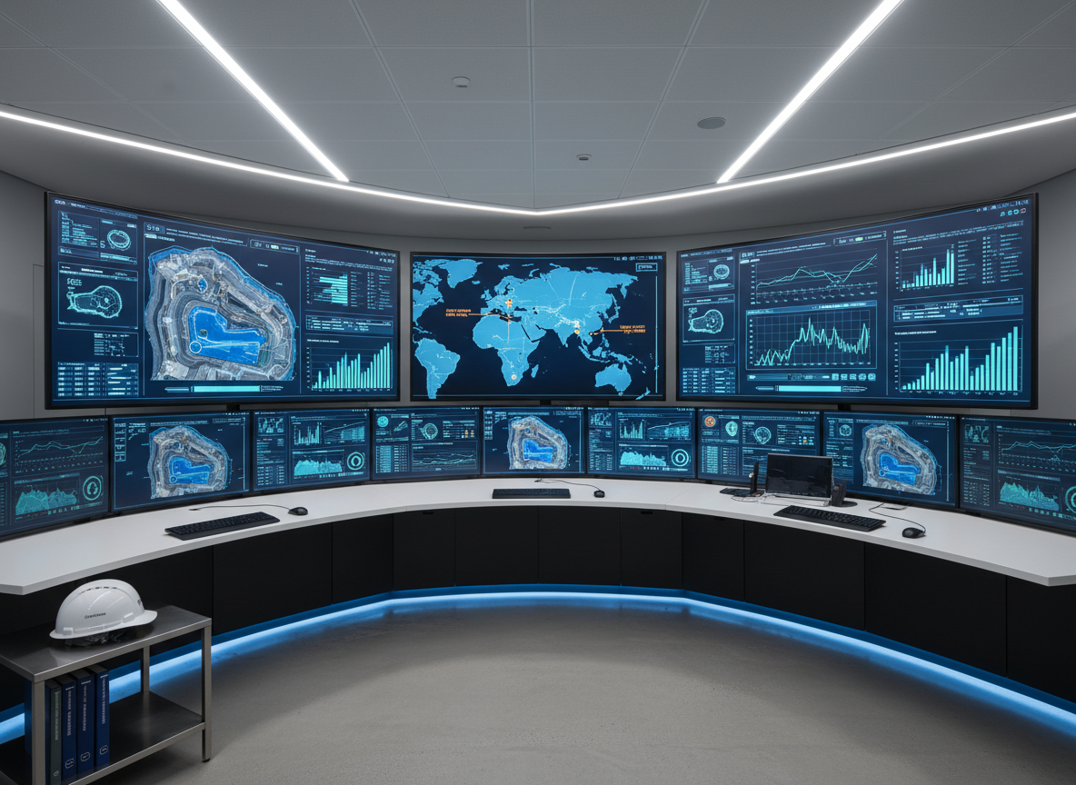 A high-resolution photographic scene of a modern control room focused on mining operations across the Asia-Pacific region, intentionally empty of people. A curved array of large monitors displays stylized mine layout diagrams, production dashboards, and a simplified regional map with highlighted project sites. The consoles beneath are impeccably neat, with aligned keyboards, a few closed technical manuals, and a single hardhat resting on a side shelf. Cool, even LED lighting keeps glare low while emphasizing screen content, with subtle blue accents along the console edges. Shot from a slightly elevated angle to capture the full arc of screens, the composition feels structured and forward-looking. The mood is technological, controlled, and analytical, reinforcing the consultancy’s expertise in operational oversight and strategic planning.
