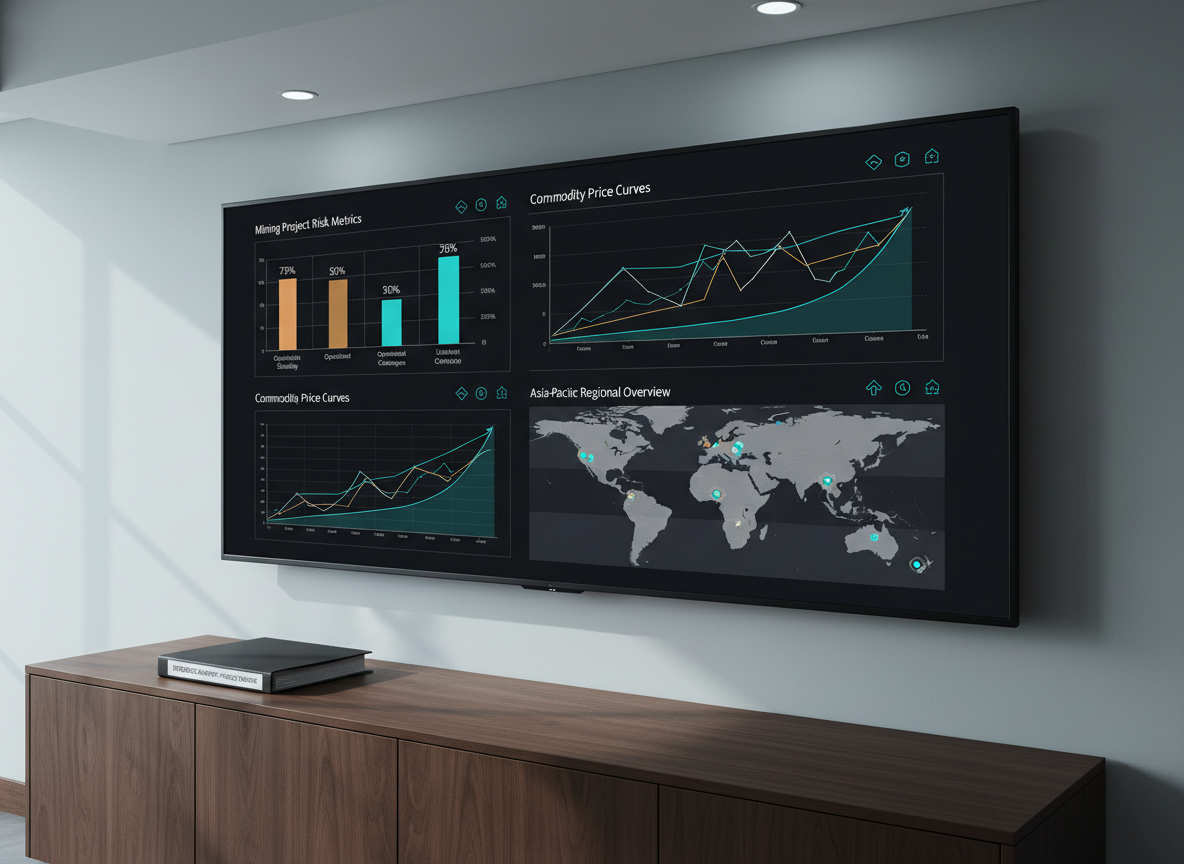 A meticulously detailed photographic scene of a wall-mounted, large-format digital dashboard displaying mining project risk metrics, commodity price curves, and regional maps for the Asia-Pacific. The screen’s deep, matte-black background contrasts with precise cyan, amber, and white data lines and icons. Below, a minimalist credenza in dark walnut holds a single closed binder labeled “Strategic Advisory – Project Diligence.” Soft, cool-toned office lighting combines with faint daylight from an unseen window, producing gentle highlights on the screen edge and subtle reflections on the credenza surface. The composition uses rule of thirds, with the dashboard dominating the frame and the binder anchoring the lower corner. The mood is controlled, analytical, and forward-looking, rendered in crisp, corporate photographic realism.